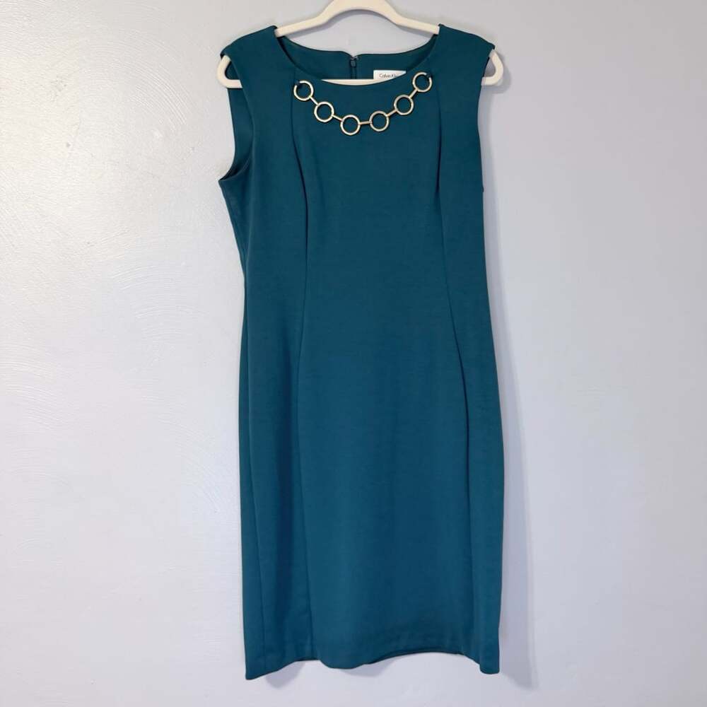 Calvin Klein Sheath Dress Size 12 Teal Blue Necklace Collar Sleeveless